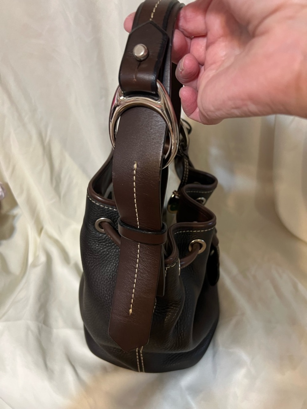 Dooney Leather Drawstring Shoulder Bag in Dark Brown - Picture 3 of 4